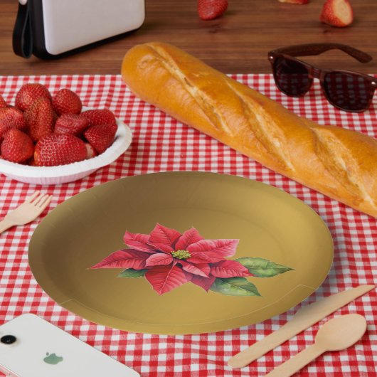 赤いポインセチアのブラシ金ゴールド色 ペーパープレート (ピクニック)