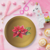 赤いポインセチアのブラシ金ゴールド色 ペーパープレート (パーティー)