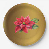 赤いポインセチアのブラシ金ゴールド色 ペーパープレート (正面)