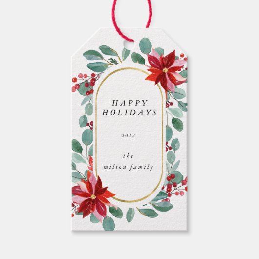 赤いポインセチアのホリデー フローラル モノグラム ギフトタグ (正面)