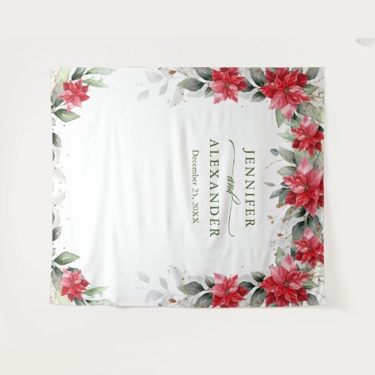 赤いポインセチアの冬の結婚式写真撮影用背景 タペストリー (正面(横))
