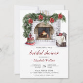 赤いポインセチアの暖炉のクリスマス ブライダルシャワー 招待状 (正面)