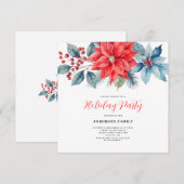 赤いポインセチアの水彩クリスマス 招待状 (正面/裏面)