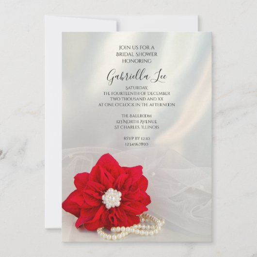 赤いポインセチアの白は冬のブライダルシャワーを真珠で飾ります 招待状 (正面)