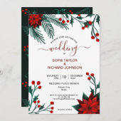 赤いポインセチアの花のクリスマス水彩ウェディング 招待状 (正面/裏面)