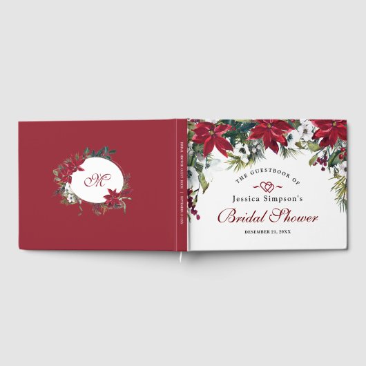 赤いポインセチアの花のクリスマス ブライダルシャワー ゲストブック (全面)