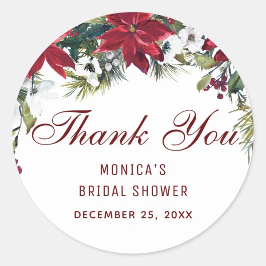赤いポインセチアの花のブライダルシャワーのお礼 ラウンドシール (正面)