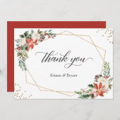 赤いポインセチアの花の冬のクリスマスウェディング サンキューカード (正面/裏面)