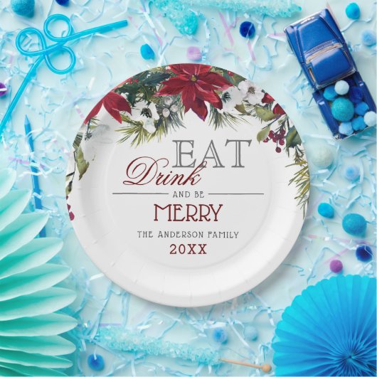 赤いポインセチアの花の冬のクリスマスパーティー ペーパープレート (パーティー)