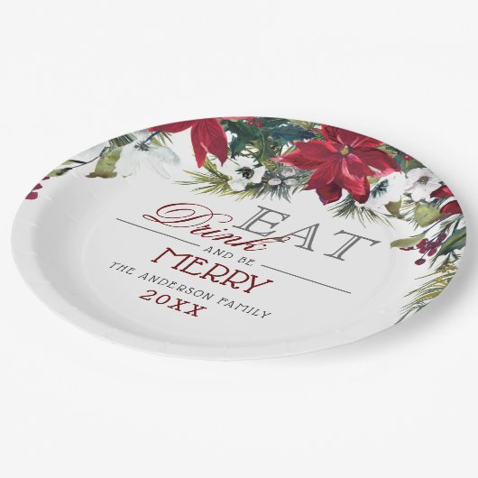 赤いポインセチアの花の冬のクリスマスパーティー ペーパープレート (アングル)