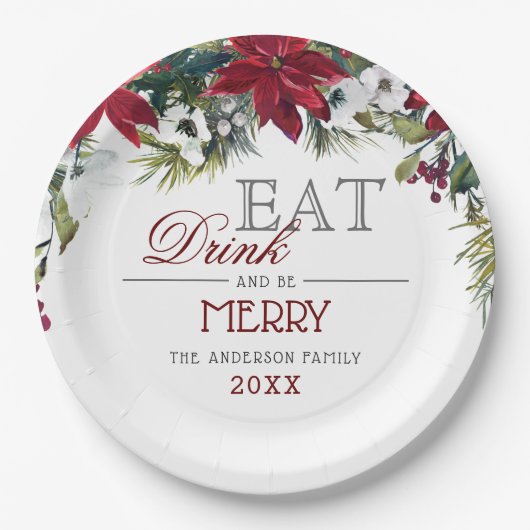 赤いポインセチアの花の冬のクリスマスパーティー ペーパープレート (正面)