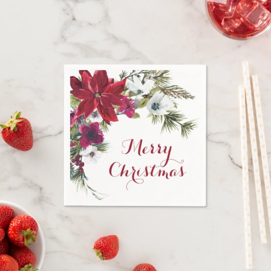 赤いポインセチアの花の楽しいクリスマスパーティー スタンダードカクテルナプキン (インサイチュ)