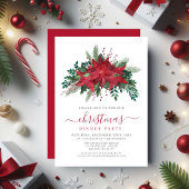 赤いポインセチアの花を飾ったクリスマスパーティー 招待状