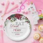 赤いポインセチアの花を飾った冬のクリスマスパーティー ペーパープレート (パーティー)