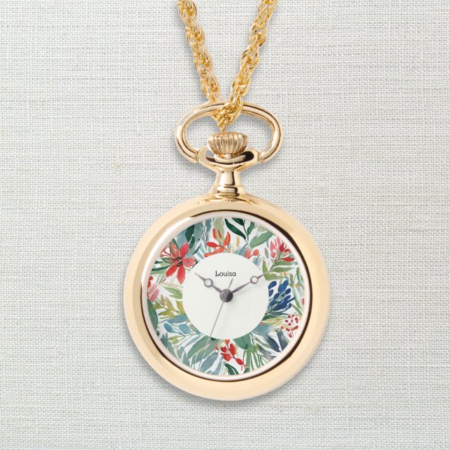 赤いポインセチアの花　クリスマスの美しい花々 腕時計 (An elegant monogrammed necklace pendant with watch and red poinsettia design in a watercolor style)