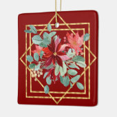 赤いポインセチア水彩画と金ゴールドジオフレーム セラミックオーナメント (左)