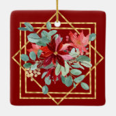 赤いポインセチア水彩画と金ゴールドジオフレーム セラミックオーナメント (裏面)