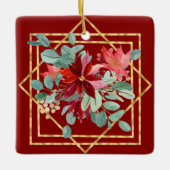 赤いポインセチア水彩画と金ゴールドジオフレーム セラミックオーナメント (正面)