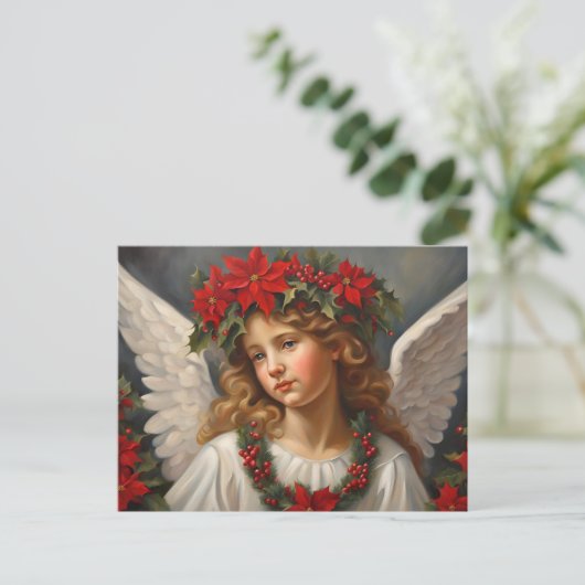 赤いポインセチア花とクリスマスエンジェル シーズンポストカード (スタンド正面)