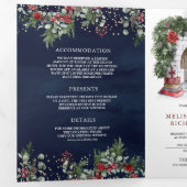 赤いポインセチア 暖炉 クリスマス 紺 結婚式 三つ折り招待状 (内部最初)