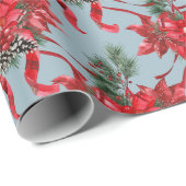 赤いポインセティアリボン弓ラティスほこりっぽい青 ラッピングペーパー (ロールコーナー)