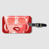 赤いポップ・アートの唇をかむ白いサングラスのアートウーマン ラゲッジタグ (正面横)