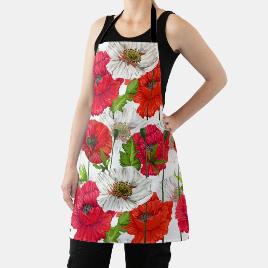赤いポピーかわいらしモダンフローラエレガントパターン エプロン (インサイチュ)