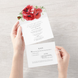 赤いポピーが描かれたホワイトの結婚式ペーパーアイテム一式 二会場 ウェディング オールインワン招待状