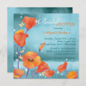 赤いポピーとターコイズのウェディングシャワー 招待状 (正面/裏面)