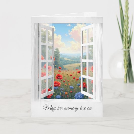 赤いポピーとダリアフィールドのウィンドウ悔やみや弔慰 カード (正面)