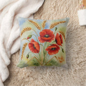 赤いポピーと小麦のブーケ枕 クッション (ブランケット)