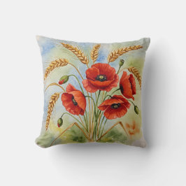赤いポピーと小麦のブーケ枕 クッション