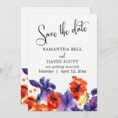 赤いポピーと紫のアイリス 水彩画のSave the Date セーブザデート (正面/裏面)