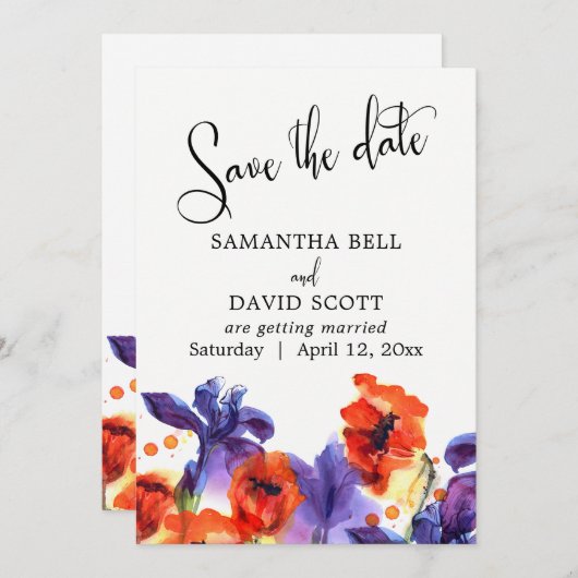 赤いポピーと紫のアイリス 水彩画のSave the Date セーブザデート (正面/裏面)