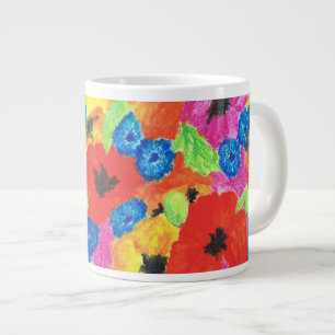 赤いポピーと青いトウモロコシの花柄 ジャンボコーヒーマグカップ