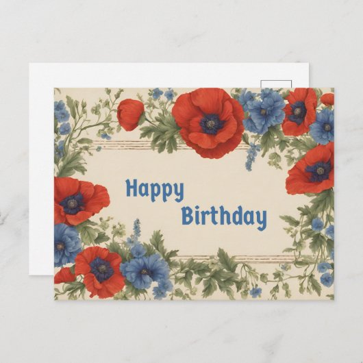 赤いポピーと青いポピーのお誕生日おめでとう ポストカード (正面/裏面)