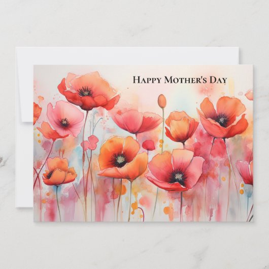 赤いポピーのある野原の水彩画 マザーズデー カード (正面)
