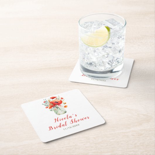 赤いポピーのかわいいウェディングシャワーマグカップ スクエアペーパーコースター (インサイチュ)