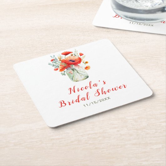 赤いポピーのかわいいウェディングシャワーマグカップ スクエアペーパーコースター (アングル)