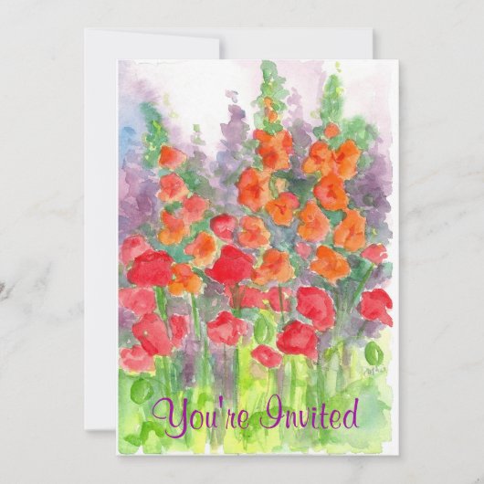 赤いポピーのオレンジ色のグラジオラウォーターカラーフラワーズパーティー 招待状 (正面)