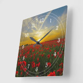 赤いポピーの夕日 スクエア壁時計 (傾斜)