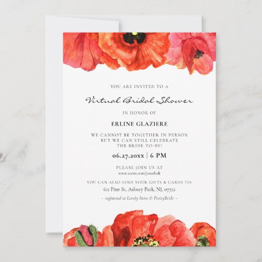 赤いポピーの水の色の仮想ブライダルシャワー 招待状 (正面)