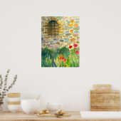 赤いポピーの水の色の花のウ色彩の鮮やかィンドウ ポスター (キッチン)