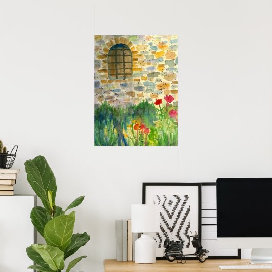 赤いポピーの水の色の花のウ色彩の鮮やかィンドウ ポスター (ホームオフィス)