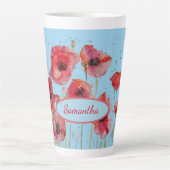 赤いポピーの水彩ポピーアートカスタマイズ可能な名前 カフェラテマグ (正面)