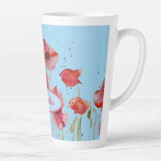 赤いポピーの水彩ポピーアートカスタマイズ可能な名前 カフェラテマグ (右)
