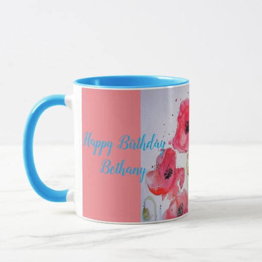 赤いポピーの水彩画 レディース ネーム マグ 青 (左)