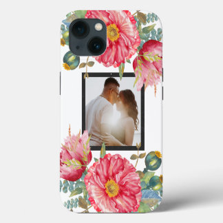 赤いポピーの水彩花の写真パーソナライズ iPhone 13ケース