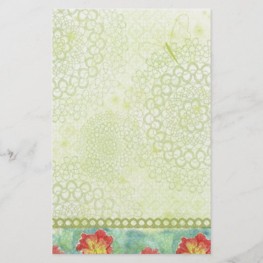 赤いポピーの水色の花チャリユース緑 便箋 (正面)