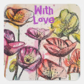 赤いポピーの水色ブライトピンクフローラ花 スクエアシール (正面)